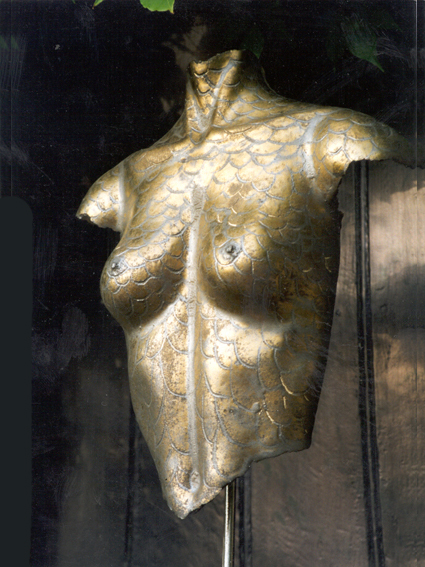Ceramic torso with gold glaze 55 x 40cm with metal stand.